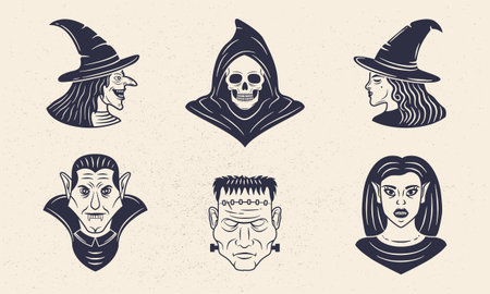Halloween vintage characters set. Grim Reaper, Cute Witch, Old Witch, Vampires, Monster. Halloween monsters isolated on white background. Vector illustrationのイラスト素材