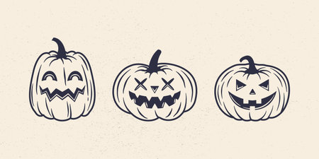 Vintage Halloween pumpkins set. Jack o Lantern. Halloween pumpkins icons isolated on white background. Design elements for logo, poster, emblem. Vector illustrationのイラスト素材