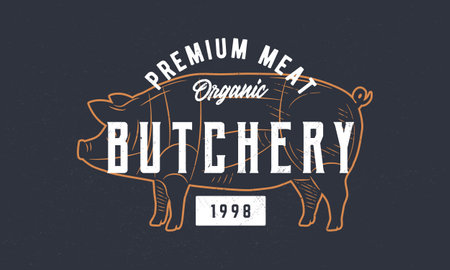 Butchery . Butcher, barbecue restaurant poster. BBQ trendy with pig engraved silhouette. Craft grunge texture. Vector emblem template.のイラスト素材