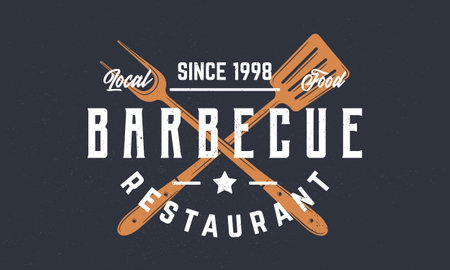Barbecue logo. Steak House, barbecue restaurant poster. BBQ trendy logo with spatula and grill fork. Craft grunge texture. Vector emblem template.のイラスト素材