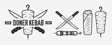 Doner Kebab logo. Kebab set isolated on white background. Meat knives, kebab, shawarma, Shashlik on skewer. Kebab vintage design element for restaurant menu, logo, poster. Vector illustrationのイラスト素材