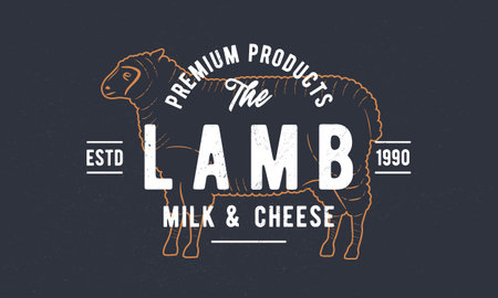 Lamb logo. Grocery store, food store, restaurant poster. Vintage food packaging logo with sheep engraved silhouette. Craft grunge texture. Vector emblem template.のイラスト素材