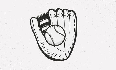 Baseball glove with ball isolated on white background. Baseball glove vintage sketch. Vintage design elements for logo, badges, banners, labels. Vector illustrationのイラスト素材