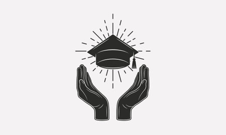 Education logo, poster concept. Hands with graduate hat and sunburst. Banner, poster, logo template for college, university. Vector illustrationのイラスト素材