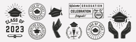 Set of Education, Graduation labels and icons. Graduation badges, hands with graduate cap. Vintage elements for design logo, poster, print for t-shirt. Vector illustrationのイラスト素材