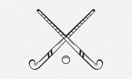Grass, Field hockey sticks and ball silhouettes isolated on white background. Crossed Grass hockey sticks. Vintage design elements for logo, badges, banners, labels. Vector illustrationのイラスト素材