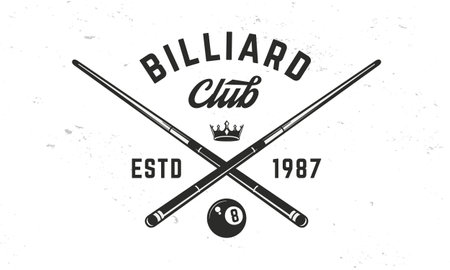 Billiard club logo template. Billiard logo. crossed billiard cues with ball and crown isolated on white background. Vector emblemのイラスト素材