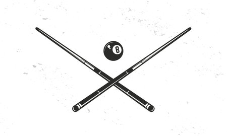 Billiard cue and ball silhouettes isolated on white background. Crossed billiard cues. Vintage design elements for logo, badges, banners, labels. Vector illustrationのイラスト素材