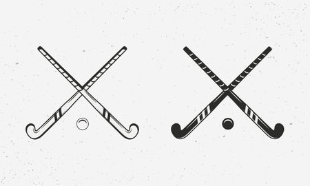 Ground, Grass Hockey icons isolated on white background. Grass Hockey sticks silhouettes. Vintage design elements for logo, badges, banners, labels. Vector illustrationのイラスト素材