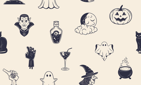 Halloween seamless pattern. Scary background. Vintage halloween icons isolated on white background. Vector illustrationのイラスト素材