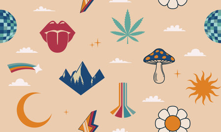 Retro 70s seamless pattern. Retro Psychedelic background. Hipster design. Vintage colorful icons isolated on light background. Vector illustrationのイラスト素材
