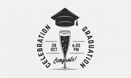 Graduation party logo, emblem. Graduation celebration logo template with cocktail and graduate cap. Vector illustrationのイラスト素材