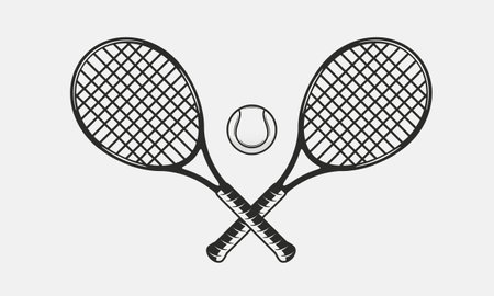 Tennis rackets and ball silhouettes isolated on white background. Crossed Tennis rackets. Vintage design elements for logo, badges, banners, labels. Vector illustrationのイラスト素材