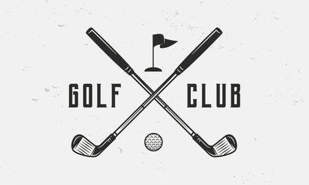 Golf club logo template. Golf logo, label, emblem. Crossed golf clubs with ball and flag isolated on white background. Vector emblemのイラスト素材