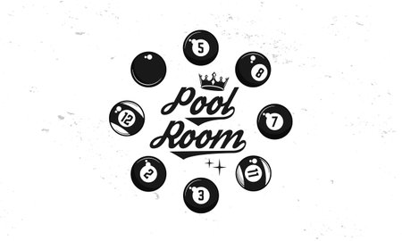 Pool Room logo template. Billiard logo. Text with crown inside billiard balls in circle shape isolated on white background. Vector emblemのイラスト素材