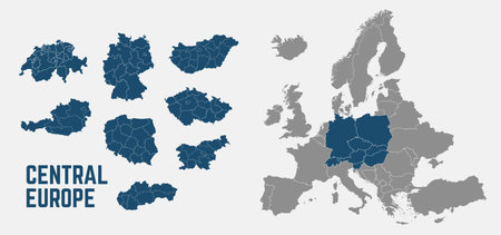 Central Europe map. Switzerland, Germany, Poland, Hungary, Austria maps with regions. Europe map isolated on white background. High detailed. Vector illustrationのイラスト素材