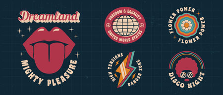 Vector set of logos in Retro Groovy style. Woman lips, Disco, Flower, Thunder emblems. 1970s logo design. Print for t-shirt, banner, poster, cover, badge and label. Retro 70's typography design.のイラスト素材