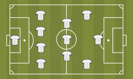 Soccer field with players icons. Top view of soccer, football field with grunge texture. Vector illustrationのイラスト素材