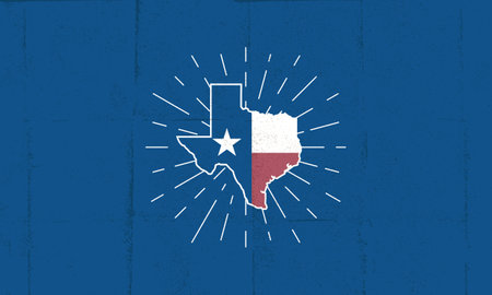 Texas map icon. Texas icon with light rays isolated on blue background. Texas poster design with grunge texture. Vector illustrationのイラスト素材