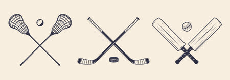 Sports icons isolated on light background. Lacrosse sticks, Ice hockey cues, Cricket bats. Vector illustrationのイラスト素材