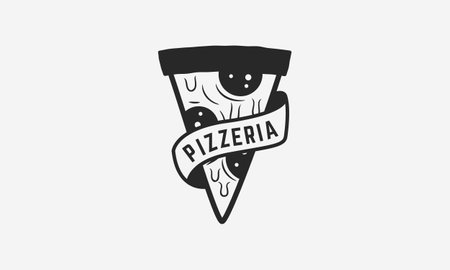 Pizza logo with ribbon banner. Cooking vintage logo. Pizza logo template. Label, badge for pizzeria, cooking courses, restaurant. Vector illustrationのイラスト素材