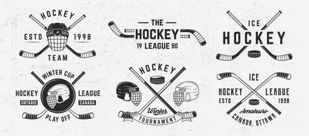 Ice Hockey logo set. 6 ice hockey emblems with helmets, balls, cues and ribbon banner icons. Hipster Design. Emblem, poster templates. Vector illustrationのイラスト素材