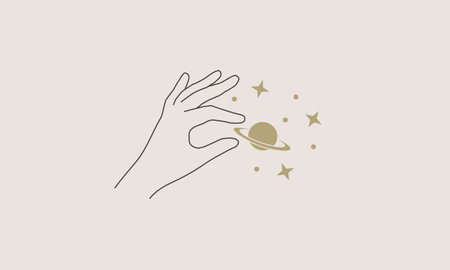 Hand icon. Woman simple line hand with planet and stars. Beauty, Magic logo design. Vector illustrationのイラスト素材