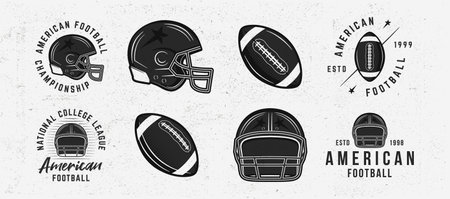 American football icons isolated on white background. American football ball and helmet icons. Vintage design elements for logo, badges, banners, labels. Vector illustrationのイラスト素材