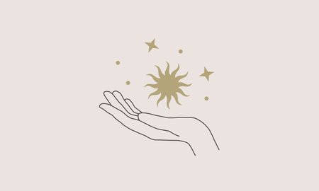 Hand icon. Woman simple line hand with vintage sun and stars. Beauty, Magic logo design. Vector illustrationのイラスト素材