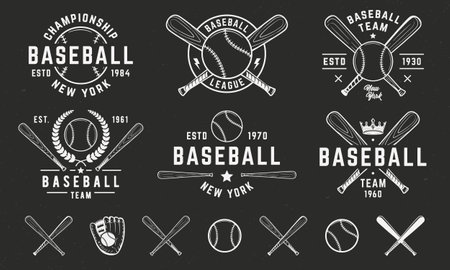 Vintage Baseball templates and 7 design elements for Baseball graphics. Baseball team, tournament, championship emblems templates. Baseball Bat, Ball, Glove icons.Vector illustrationのイラスト素材