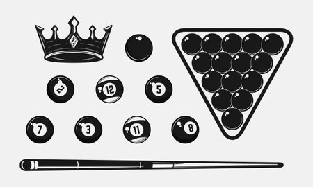 8-Ball, Billiard elements set. Vintage Billiard balls and cue. Crown icon. Vector Illustrationのイラスト素材