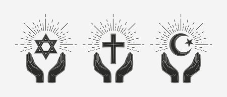 Vintage Religion . Hands with Latin cross, Crescent Moon and Star, Star of David. Christianity, Judaism, Islam . Prayer concept. Vector illustration.のイラスト素材