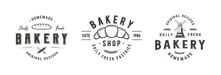 Bakery, Pastry set. 3 bakery emblems with Croissant, Windmill and Bread icons. Bakery, Cafe and Restaurant emblems templates. Vector illustrationのイラスト素材