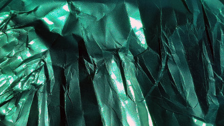 Crumpled green foil. Metallized wrinkled surfaceの写真素材