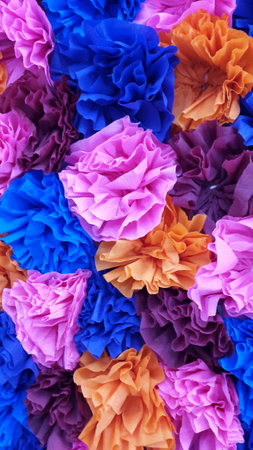 Paper flowers. Paper decorations. Paper flowers on a gray background. Creative background. Postcard. Bannerの写真素材