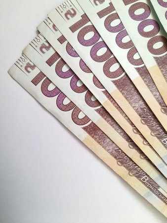 Ukrainian money. Paper Ukrainian banknotes. Banknotes of Ukraineの写真素材