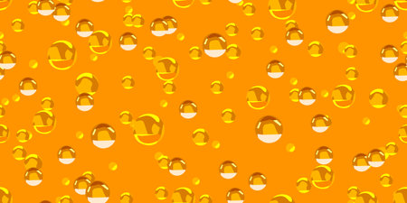 Drops of golden liquid on a yellowish background. Seamless background of transparent drops. Vector illustrationのイラスト素材