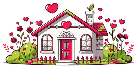 House on a white background. House with hearts on a white background. Valentine. Vector illustrationのイラスト素材