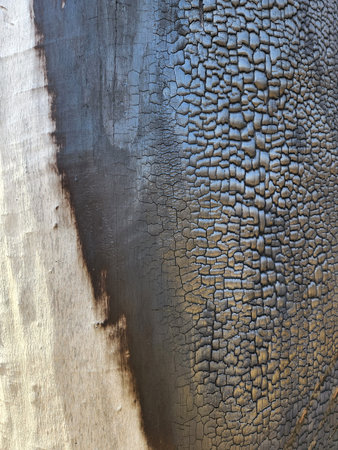 Burnt wood. Wood charred by fire. Texture of burnt woodの写真素材