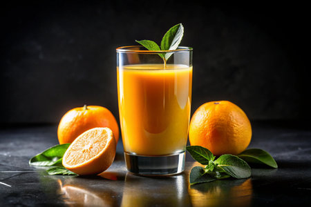 Glass of orange juice. Glass of orange juice on a black backgroundの写真素材