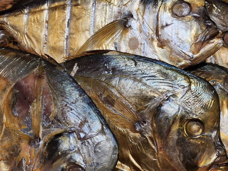 Smoked fish. Background with smoked fish. Fish roachの写真素材