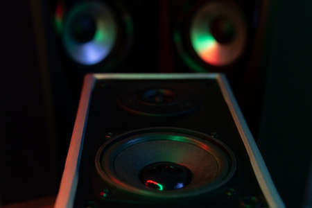 powerful sound speakers in colorful neon light.Powerful musicの写真素材