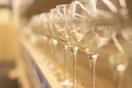 empty glass goblets for wine and other drinks on a wooden shelf