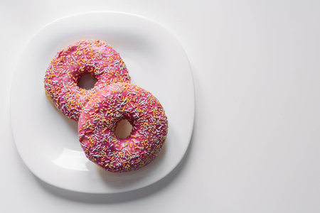 two donuts with a pink icing and colored sprinkles on a white plate lie on a white table