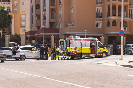 Accident in Spain, Torrevieja May 28, 2023, police car and ambulance on the road