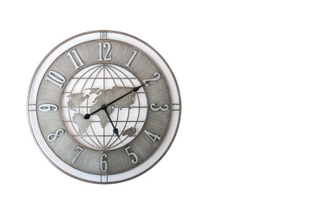 Wall clock in the shape of a world map in gray color isolated on a white backgroundの写真素材