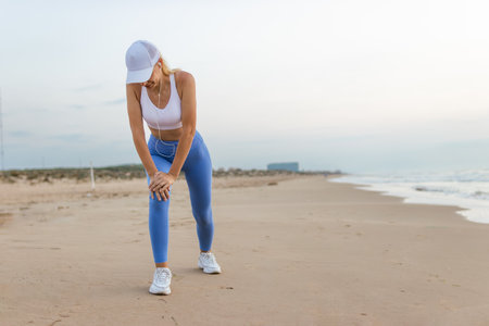 a girl of European appearance in sportswear does a warm-up at dawn on the seaの写真素材