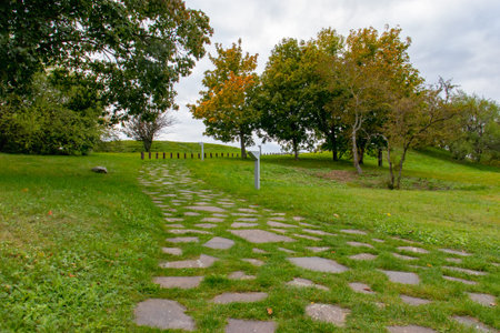 A trail on the lawn next to the ruins of the Devin castle in Slovakia. High quality photo