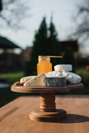 cheese plate. different cheeses on a wooden plate. cheeses of honey and nuts. Close up