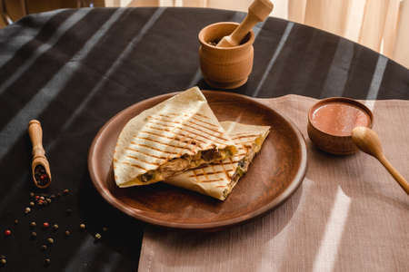Quesadilla Mexican food. Mexican cuisine quesadilla for breakfast. Close upの写真素材